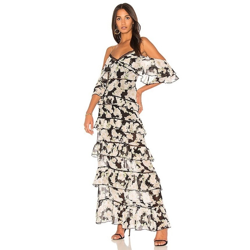 Nicholas Black Silk Luna Floral‎ Tiered Ruffle Maxi Dress Lace Trim Sz 6 Flowy